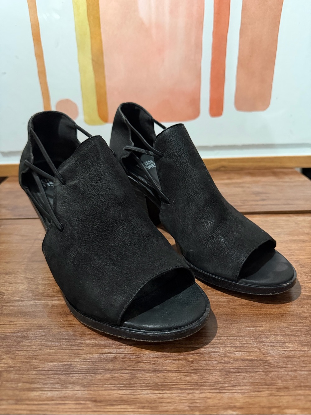 Eileen Fisher Black Nubuck Leather Open Toe Bootie Sandals Womens 6.5 Block Heel